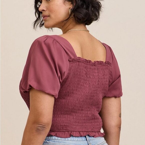 Torrid - Stretch Challis Smocked Puff Sleeve Crop Top in "Wild Ginger Burgundy"  - Picture 11 of 13